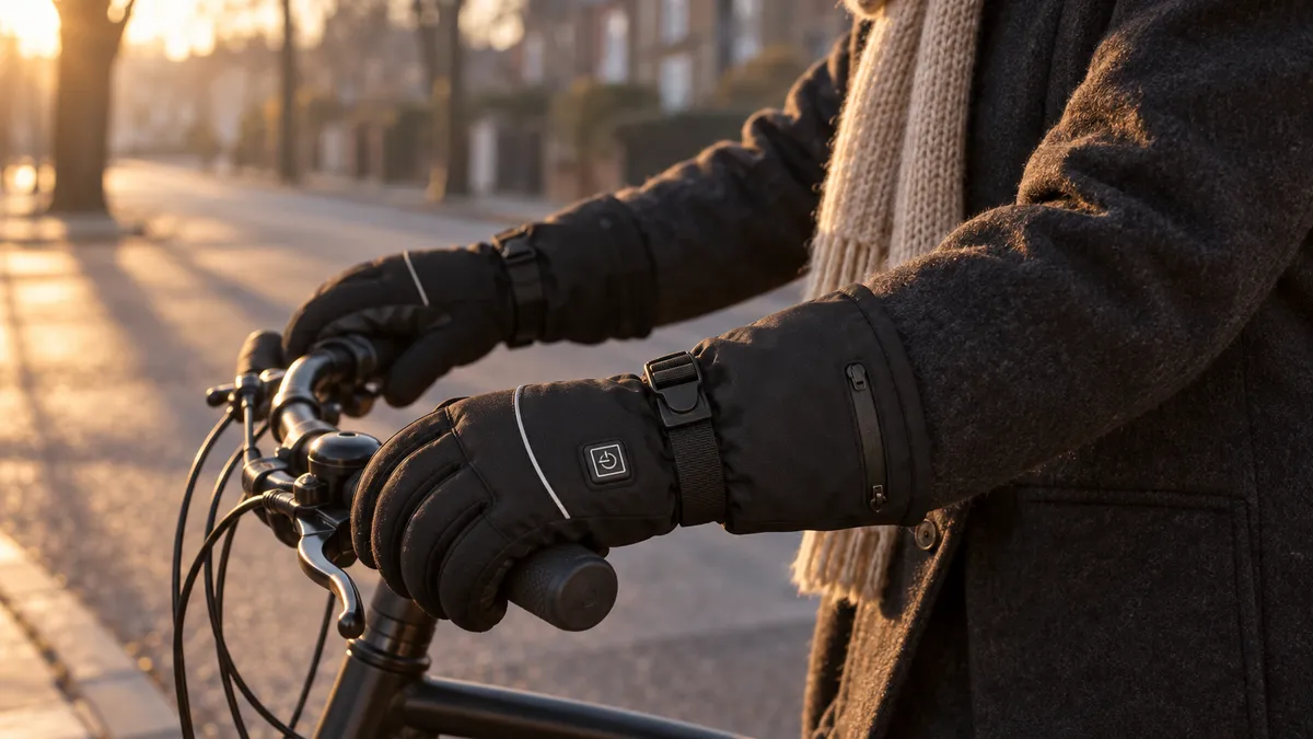 Ruce cyklisty v černých vyhřívaných rukavicích AscentArc na řídítkách kola v tiché ulici za úsvitu