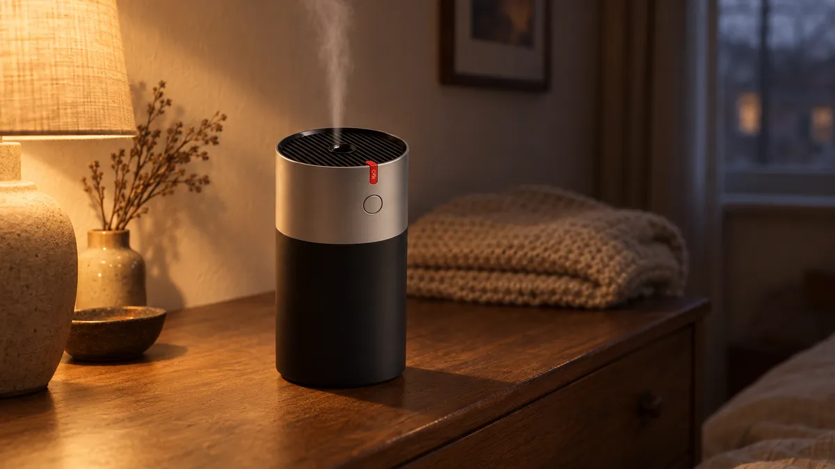 Zvlhčovač EvenBreeze stojí sám na dřevěné komodě vedle rozsvícené lampy, za ním složená pletená deka