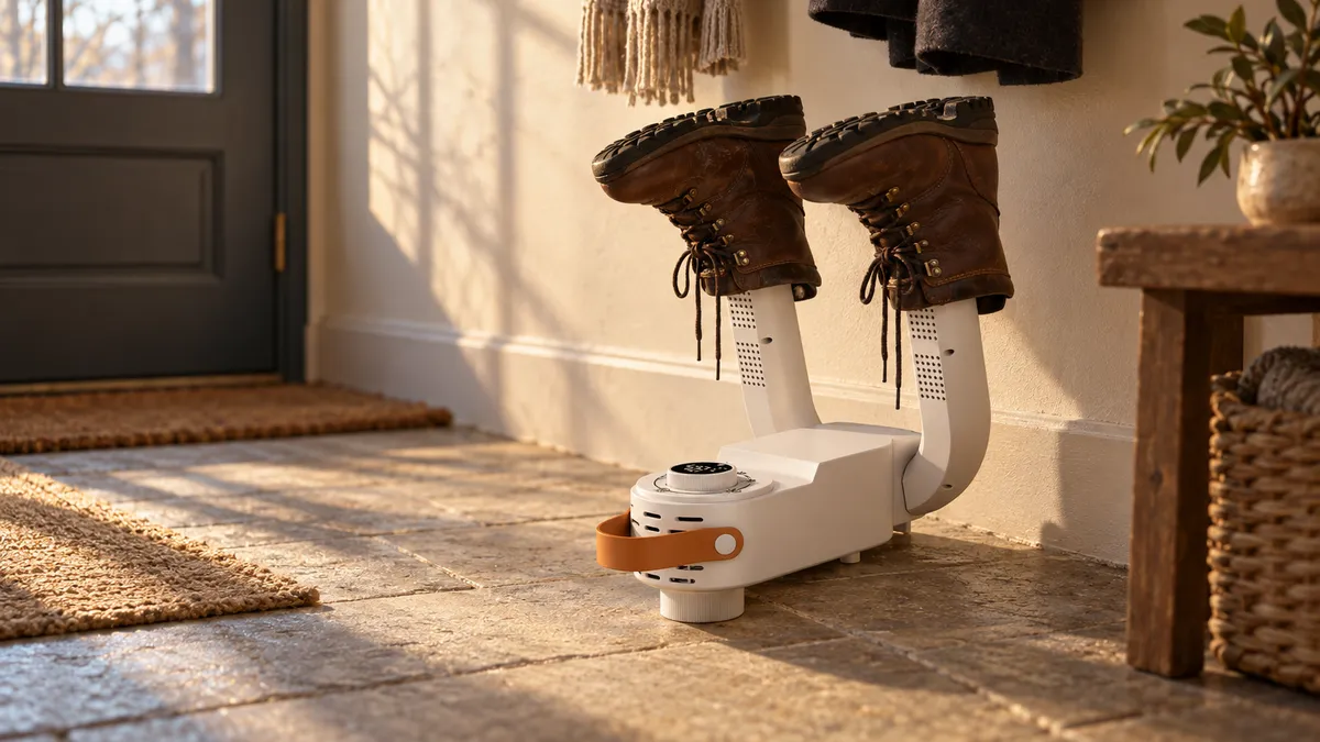 Bílý sušič bot HeatTread na podlaze předsíně hned za vchodovými dveřmi, na jeho dvou nástavcích pár hnědých bot dnem vzhůru