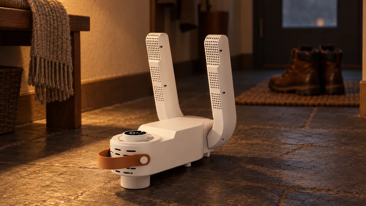 Bílý sušič bot HeatTread stojí sám na kamenné podlaze předsíně ve světle lampy, za ním na lavici pletená deka