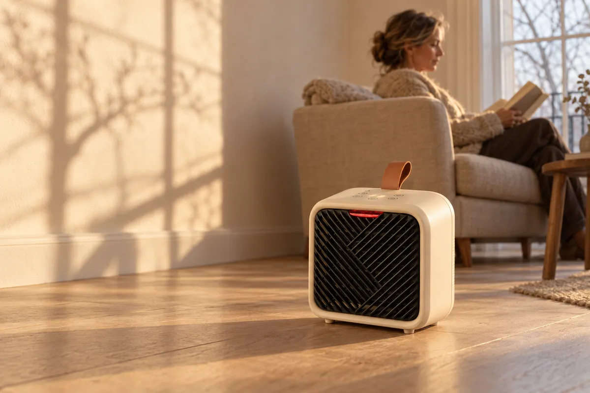 Žena si čte v křesle v zimním slunci a na podlaze před ní stojí přenosný přímotop