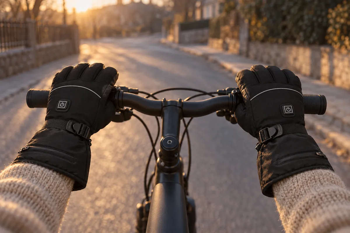 En cyklists hænder i de sorte AscentArc-varmehandsker om styret ved daggry, med de grå striber og håndledsremmene synlige