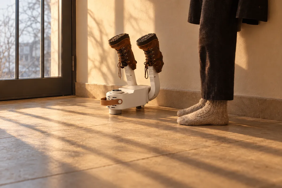 Hnědé boty dnem vzhůru na bílém sušiči bot HeatTread u vchodových dveří v ranním slunci, vedle jsou vidět nohy v ponožkách