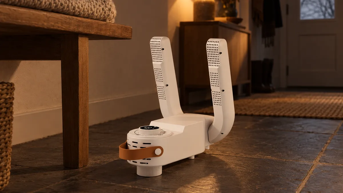 Bílý sušič bot HeatTread stojí sám na kamenné podlaze v předsíni pod lampou, vedle na lavici pletená deka