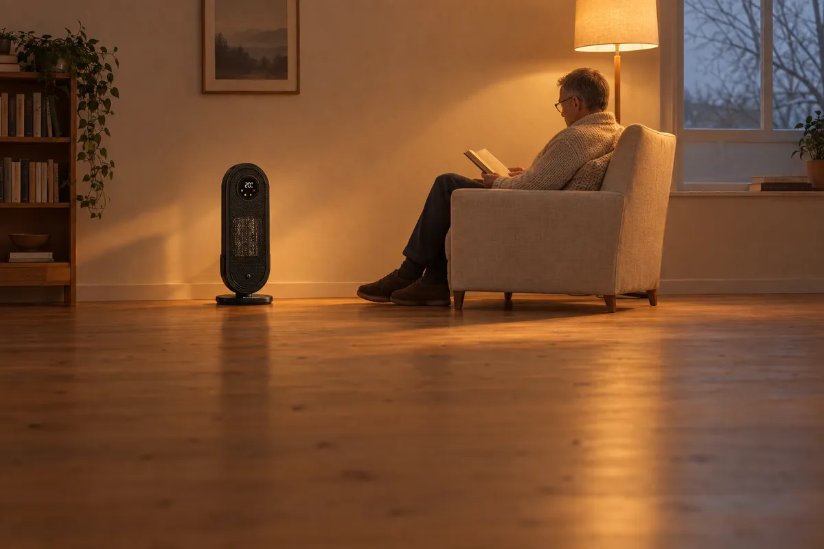 Muž si čte ve lněném křesle pod stojací lampou, vedle něj na podlaze černý sloupový přímotop IgnisNova