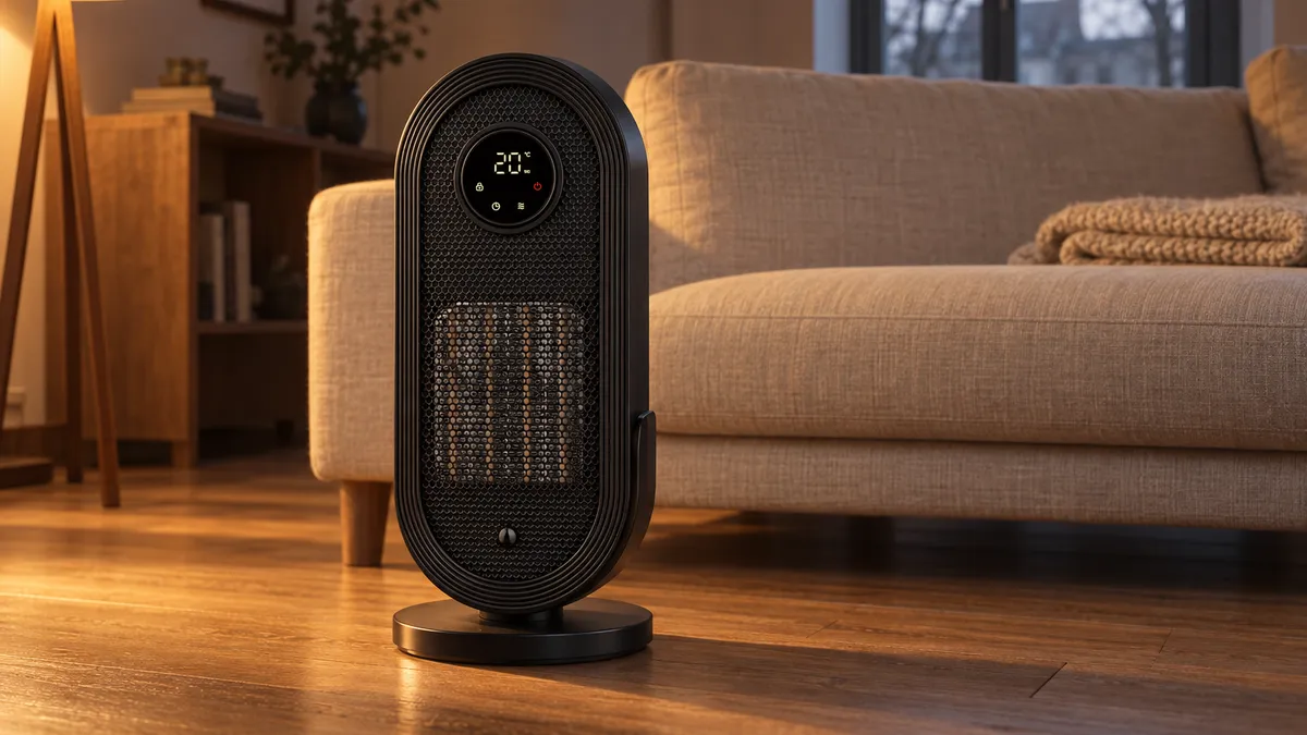 Černý sloupový přímotop IgnisNova stojí sám na dřevěné podlaze vedle pohovky pod stojací lampou, kulatý displej svítí