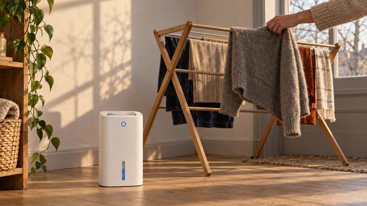 Ruka věší šedý vlněný svetr na dřevěný sušák v nízkém slunci, vedle na podlaze bílý odvlhčovač Moistrol