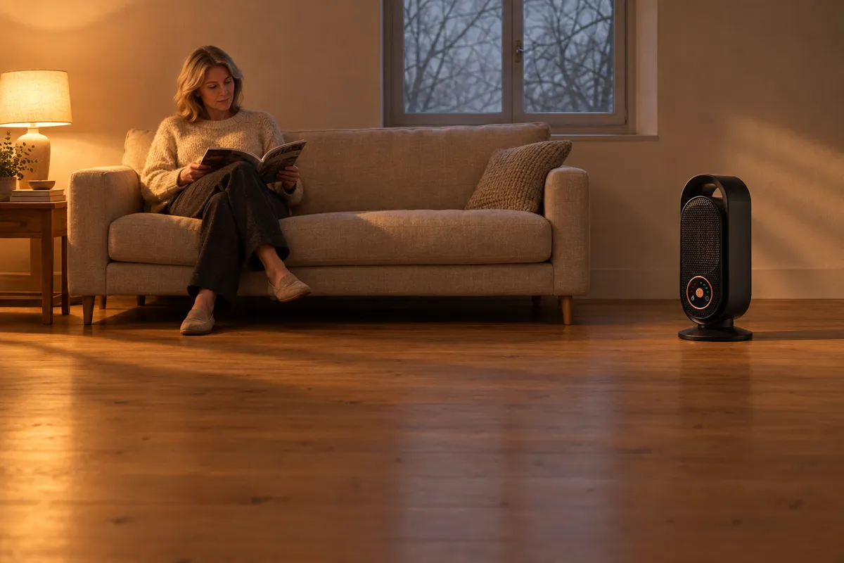 En kvinde læser i en sofa under en bordlampe, med det sorte NexusHeat-varmeapparat stående på gulvet ved siden af sofaen