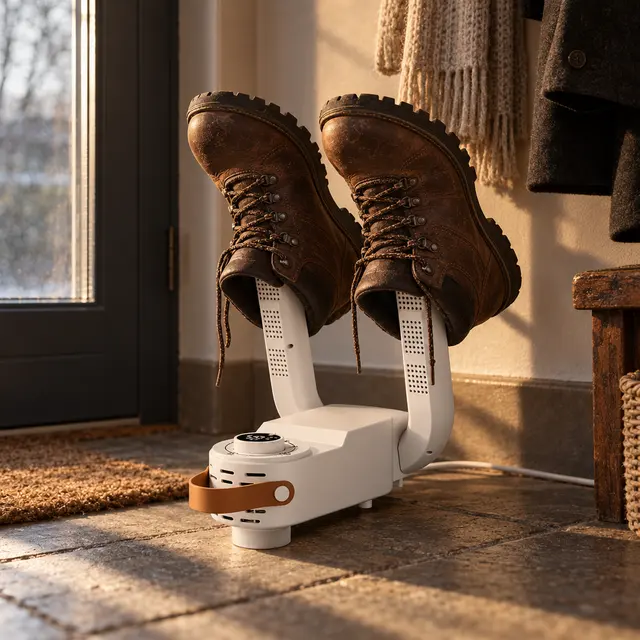 Bílý elektrický sušič bot v předsíni u dveří, na obou svislých nástavcích pár hnědých bot