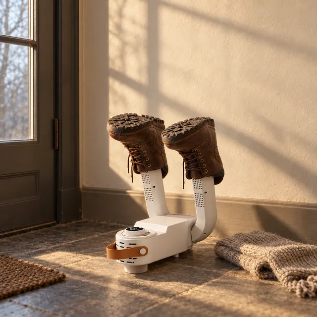 Bílý elektrický sušič bot v předsíni u dveří, na obou svislých nástavcích pár hnědých bot