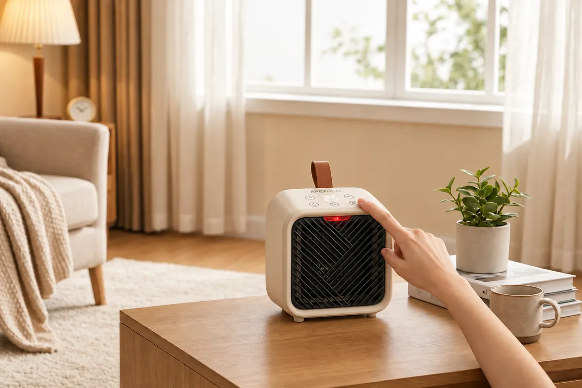 Ruka tiskne ovládání na vrchu ohřívače ApexHeat na dřevěném konferenčním stolku v obývacím pokoji