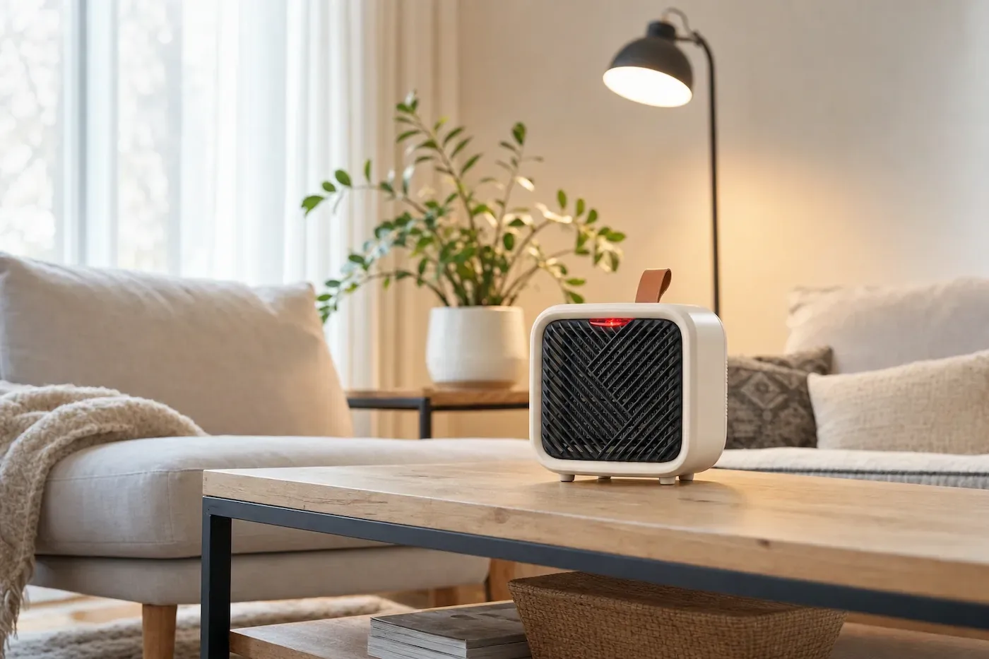 Ohřívač ApexHeat na dřevěném konferenčním stolku vedle pohovky, za ním lampa a rostlina