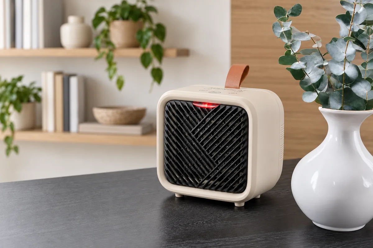 Ohřívač ApexHeat na tmavé komodě v obývacím pokoji vedle bílé vázy