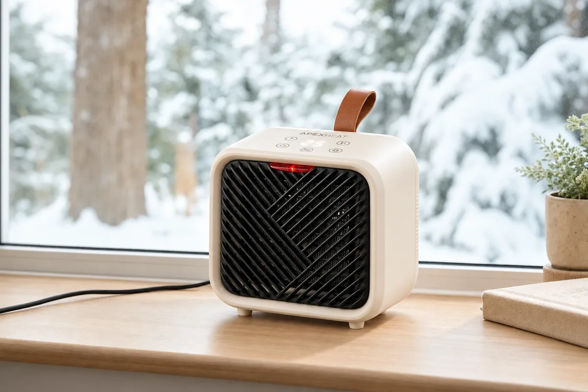 Ohřívač ApexHeat na okenním parapetu, venku zasněžené stromy